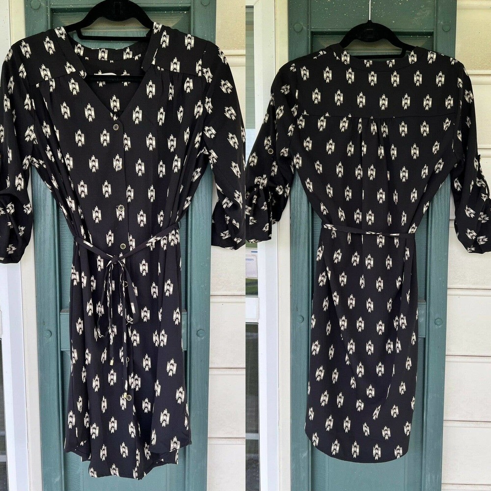 41 Hawthorn Dress Womens Shift Button Belted Black Roll Tab Long Sleeve XS